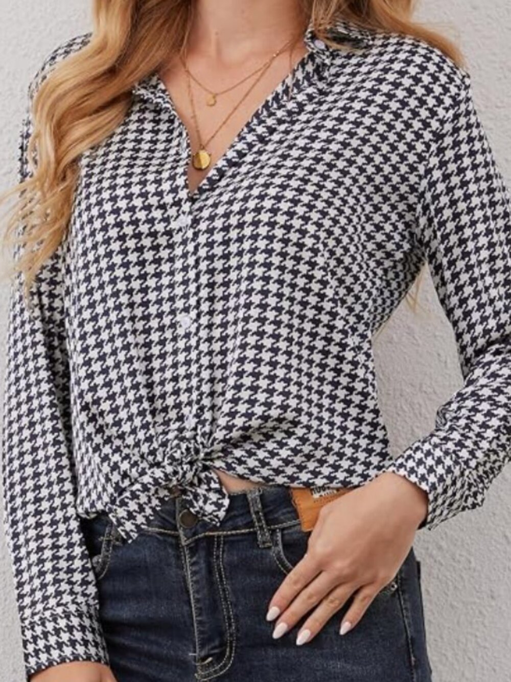 Houndstooth Printed Button Down Shirt Long Sleeve - Picture 2 of 3